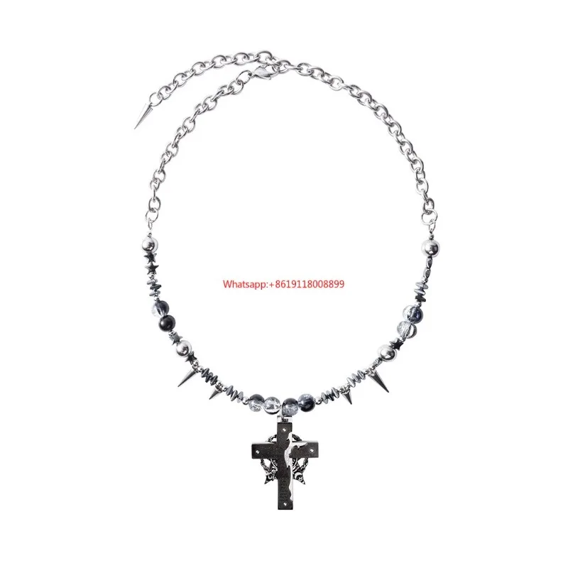 

[Black Magic] Design Punk Wind Rivet Cross Premium Beaded Heavy Industry Necklace