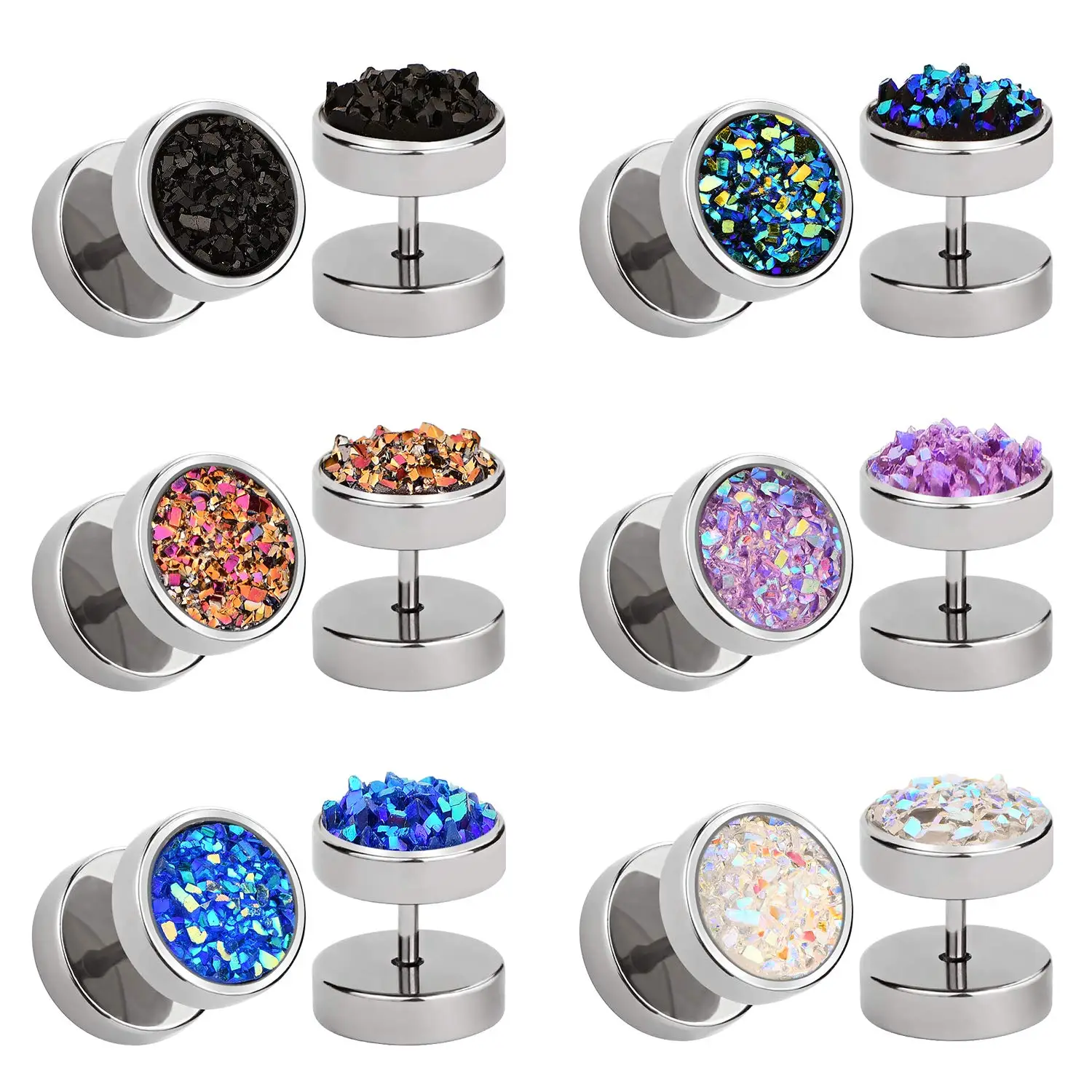 WKOUD 1-6 Pairs Round Stud Earrings Stainless Steel Druzy Studs Set For Women Men Girl Faux Fake Cheater Ear Plugs Gauge Punk