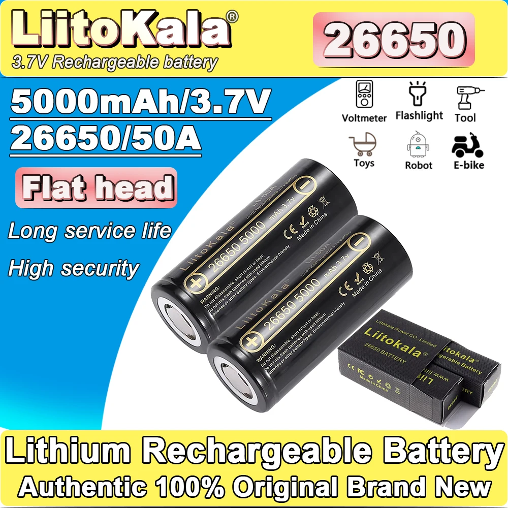 

LiitoKala new original high quality 26650 5000mah battery 3.7v 50a rechargeable lithium ion for 26650A LED flashlight