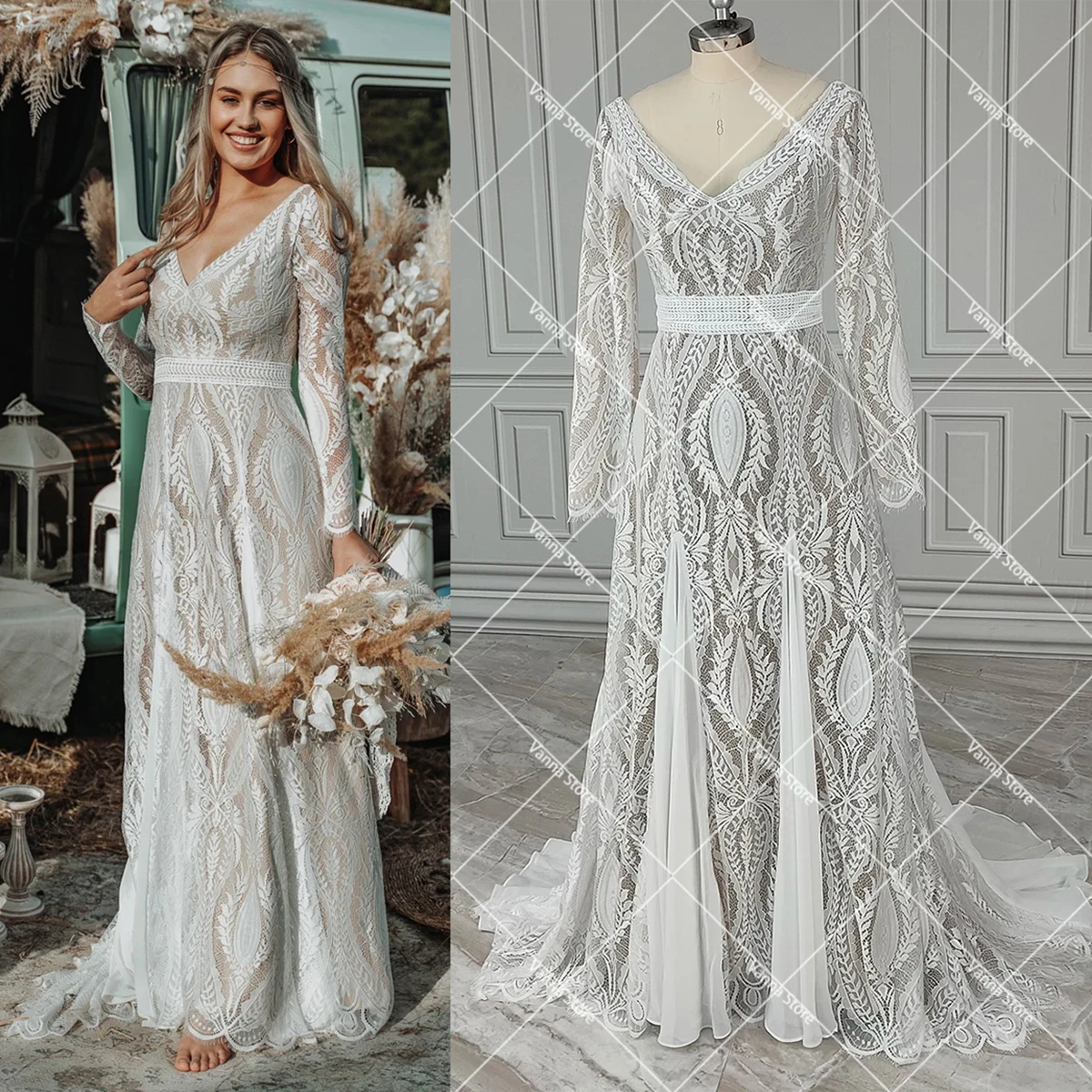 Robe de Mariée en Mousseline de Soie, Ligne A, Style Boho, Sur Mesure, Col en V, Dos Ouvert, Vêtement de Plage pour Patients