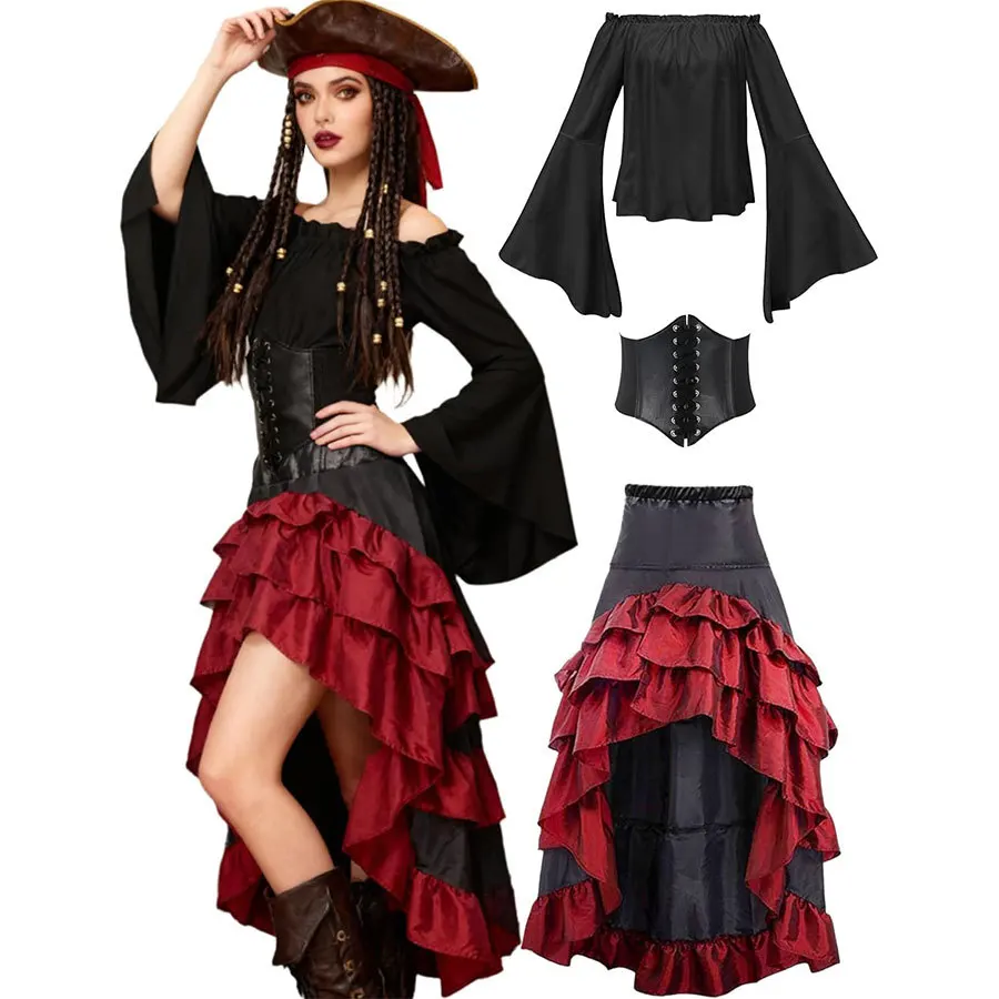

Halloween Pirate Dress Women Cosplay Costumes Victorian Women Punk Renaissance Burlesque High Low Outfit