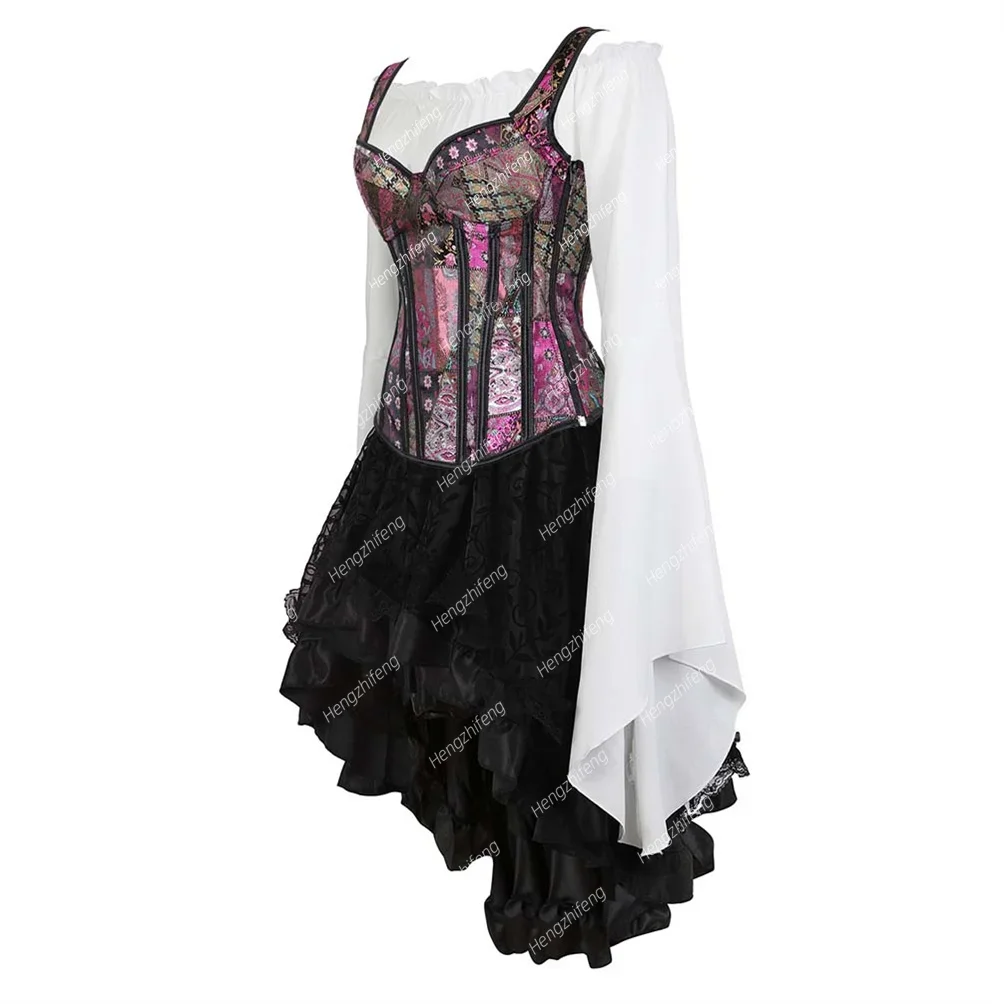 Steampunk Corset Dress Blouse 3-Piece Set Sexy Gothic Bustier with Straps Side Zipper Retro Korsett Victorian Costume Plus Size