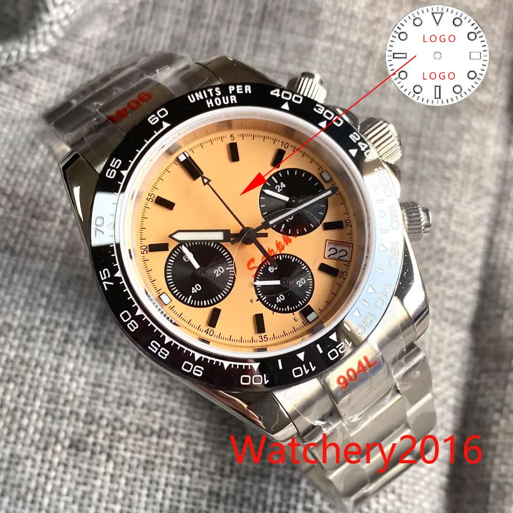 ที่กําหนดเอง 39 มม.สีเหลืองปราศจากเชื้อ dial Vk63 การเคลื่อนไหวรุ่น Multi-Function Full Chronograph QUARTZ Mens นาฬิกาสายยางสร้อยข้อมือ