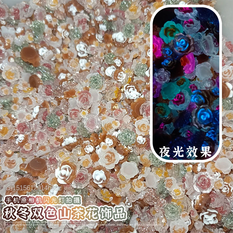 Fluorescent Resin Camellia Flower Flat Back Nail Art Rhinestone Meilard Mix Color 3D DIY Manicure Diamond Accessories 30/100Pcs