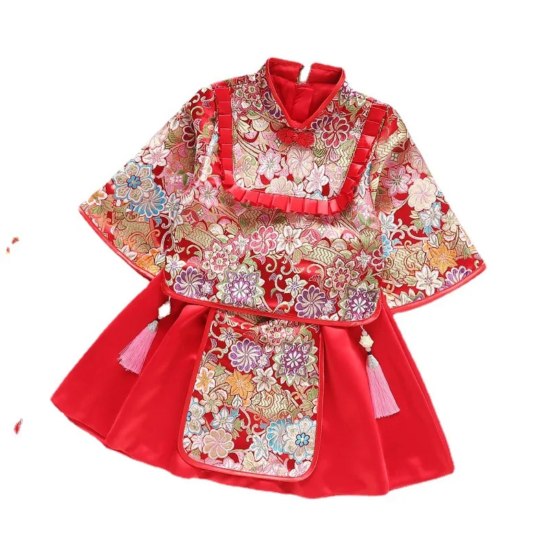 Children Tang Dress Red Embroidery Chinese Style Girl Baby First Birthday Dress Baby Kid Happy New Year Clothes Set