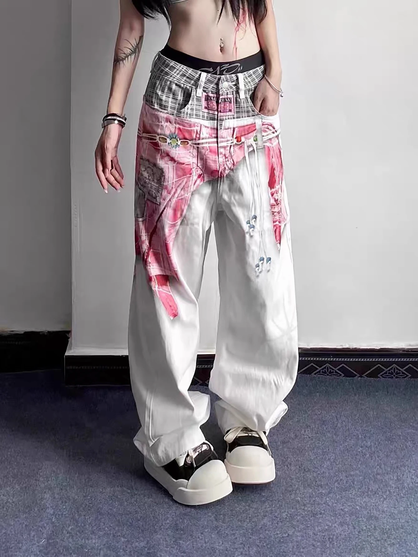 American Niche Design Three-Dimensional Shirt Pattern Printed Loose Jeans, Trendy And Versatile White Wide-Leg Jeans For Women
