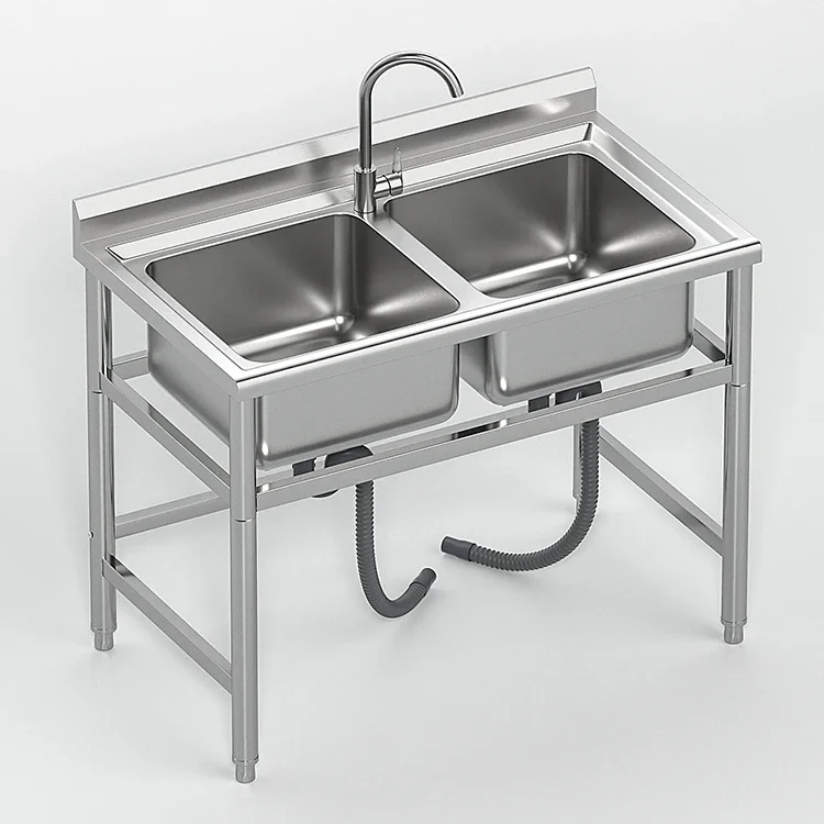 Commercial Freestanding Stainless Steel Double Bowl Kitchen Sink Deep Restaurant Sink