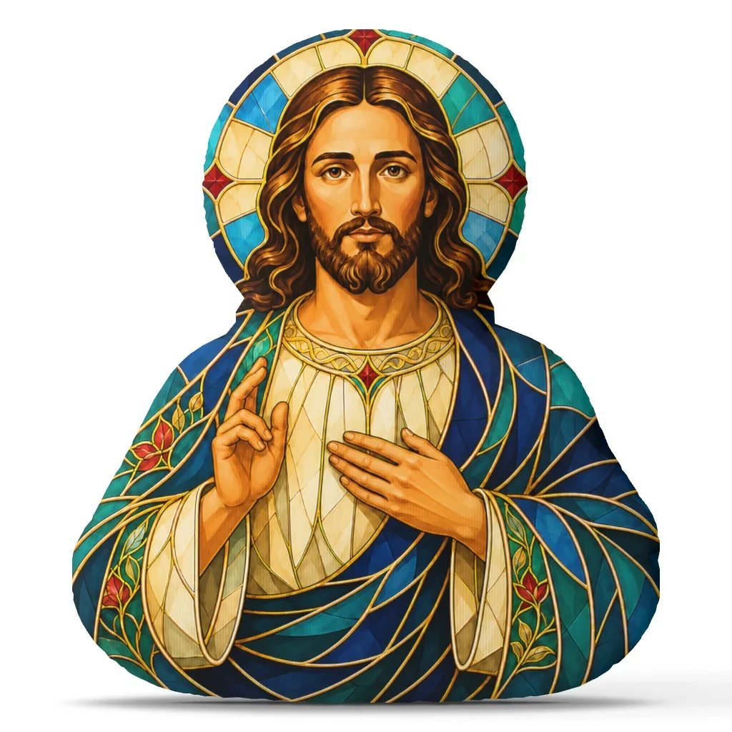 Jesus Shaped Throw Pillow Christian Stained Glass Plush Cushion Religious Prayer Room Decor Church Gift Stuffed Sofa Pillow