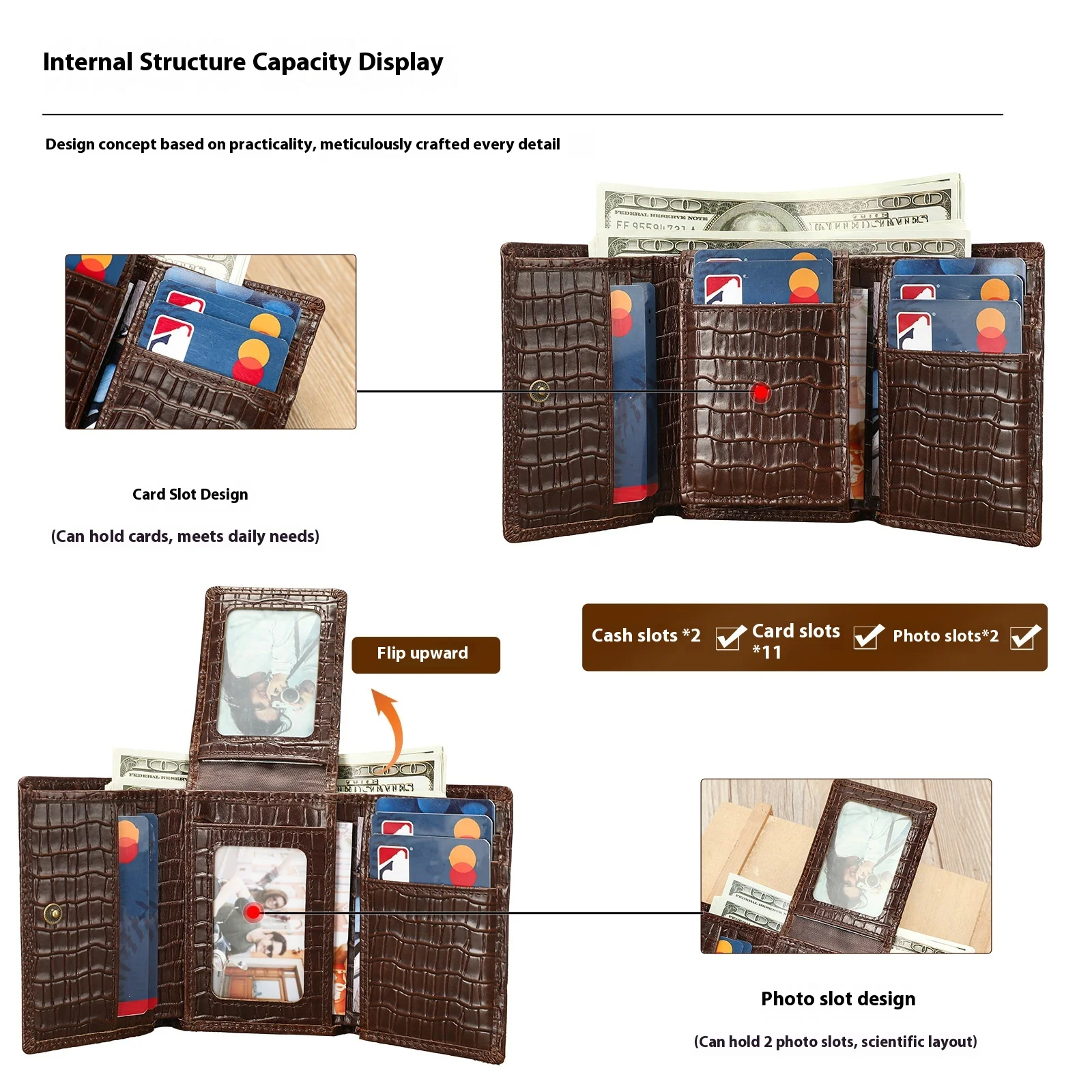 Genuine Leather Crocodile Pattern Short Wallet Multi-functional Card Slots ID Card Holder Premium Men's Wallet