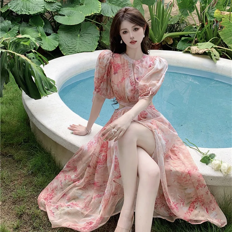 Beach Vaion Ele Beautiful ter Ne ort Sve Chiffon Dr Damen Hohe Taille Fade Farbe Blumendruck Maxi Dr