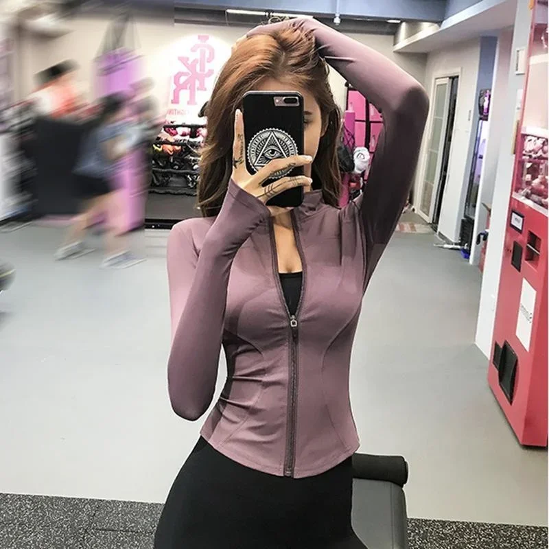 Yoga Crop Top High Elastic Sports Top Damski kardigan z długim rękawem i zamkiem błyskawicznym Rajstopy Yoga Jacket Top Deportivo Mujer Camisetas