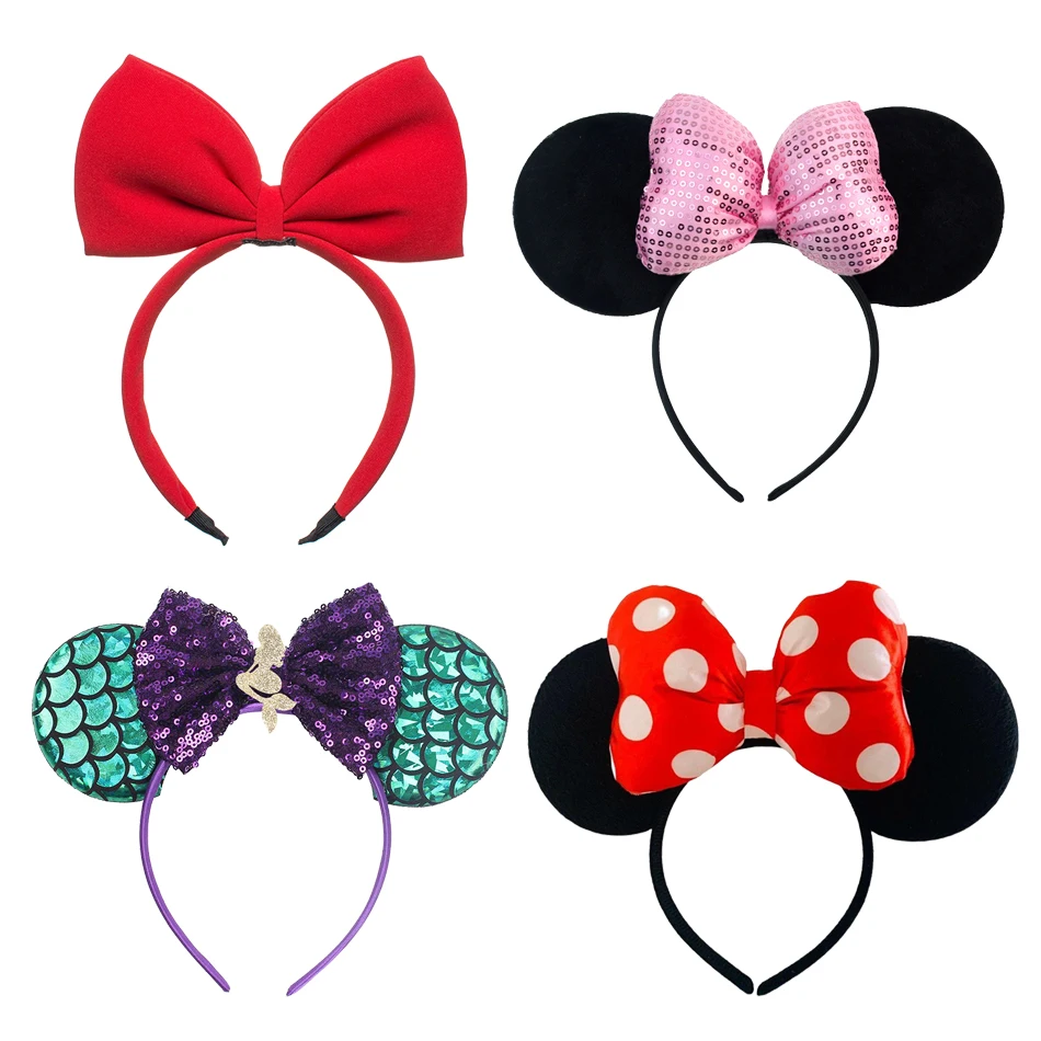 2024 New Style Mickey Minnie Ear Headband Sequin Bows Girl Kids Halloween Party Cosplay Hair Accessories Princess Hairband