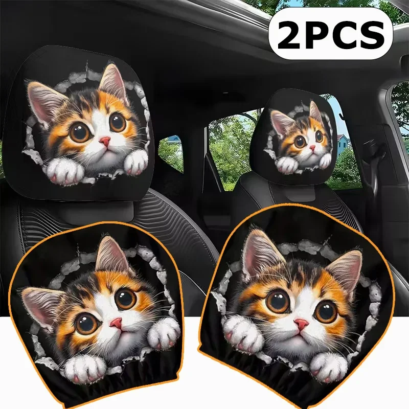 Spotted Cat Pattern Car Headrest Cover, Double Sided Printed Headrest Protector, Cute & Fashion Auto Decor