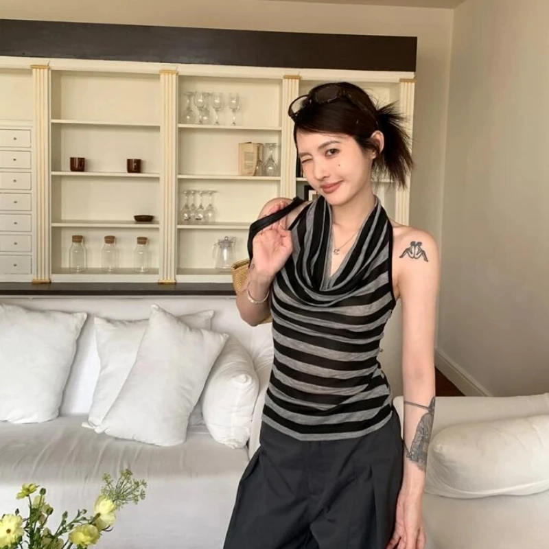 

Summer Tank Top y2k Women Striped Rhinestone Wing Pattern Sleeveless Backless T Shirt Punk Gothic Clothes Streetwear