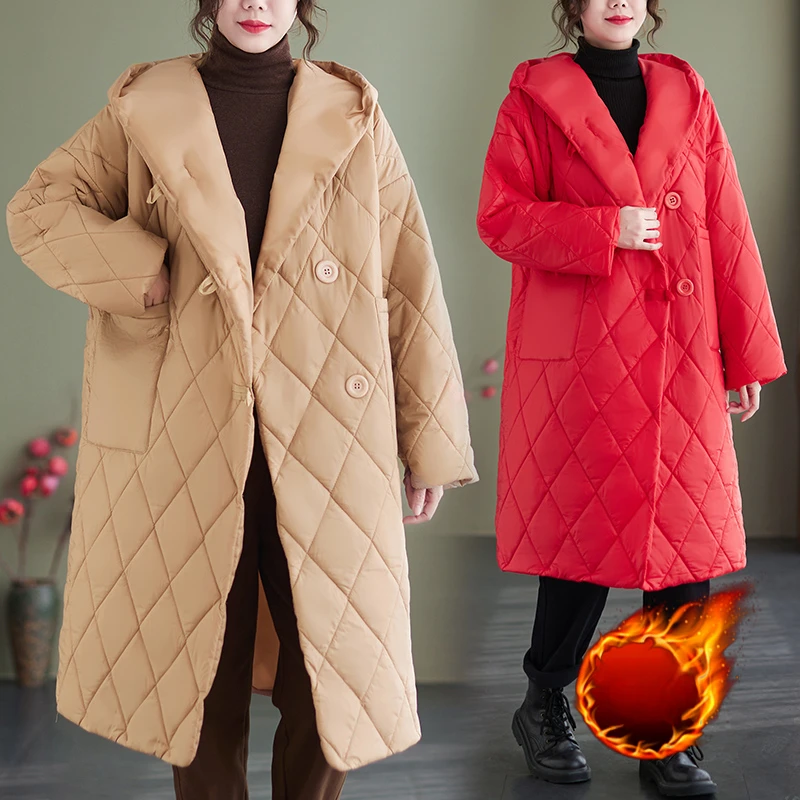 Women\'s Padded Long Jackets Free Shipping Diamond Check Winter Fur Coat with Pile Loose Outerwears Large Size Oversized