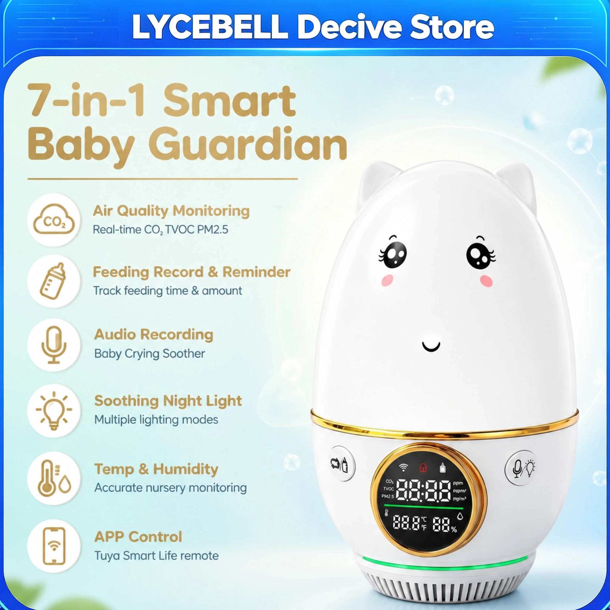 Smart Baby Monitor Air Quality CO₂ AQI PM2.5 Temp Humidity Feeding Tracker Audio Recording Soothing Light Tuya APP Control