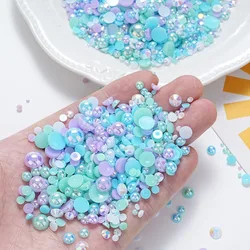 Set 30G Mermaid Pearl Beads Mixed Size Flat Back AB Pearl Resin Half Round Circular Pearls for Nail Art Makeup and Craft Jewelry