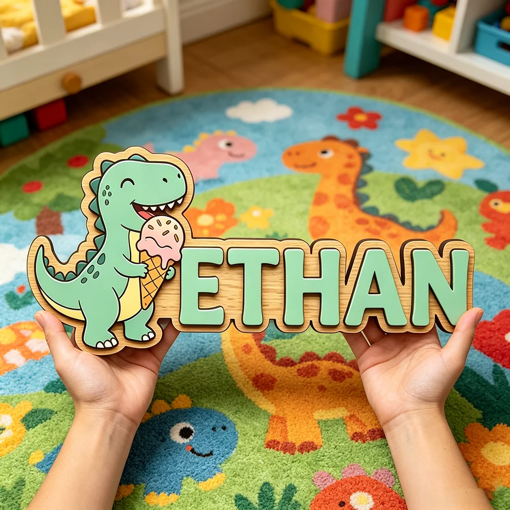 Whimsical Ice Cream Dinosaur Custom Name Plaque for The Dearest Baby, Unisex Nursery Wall Decor