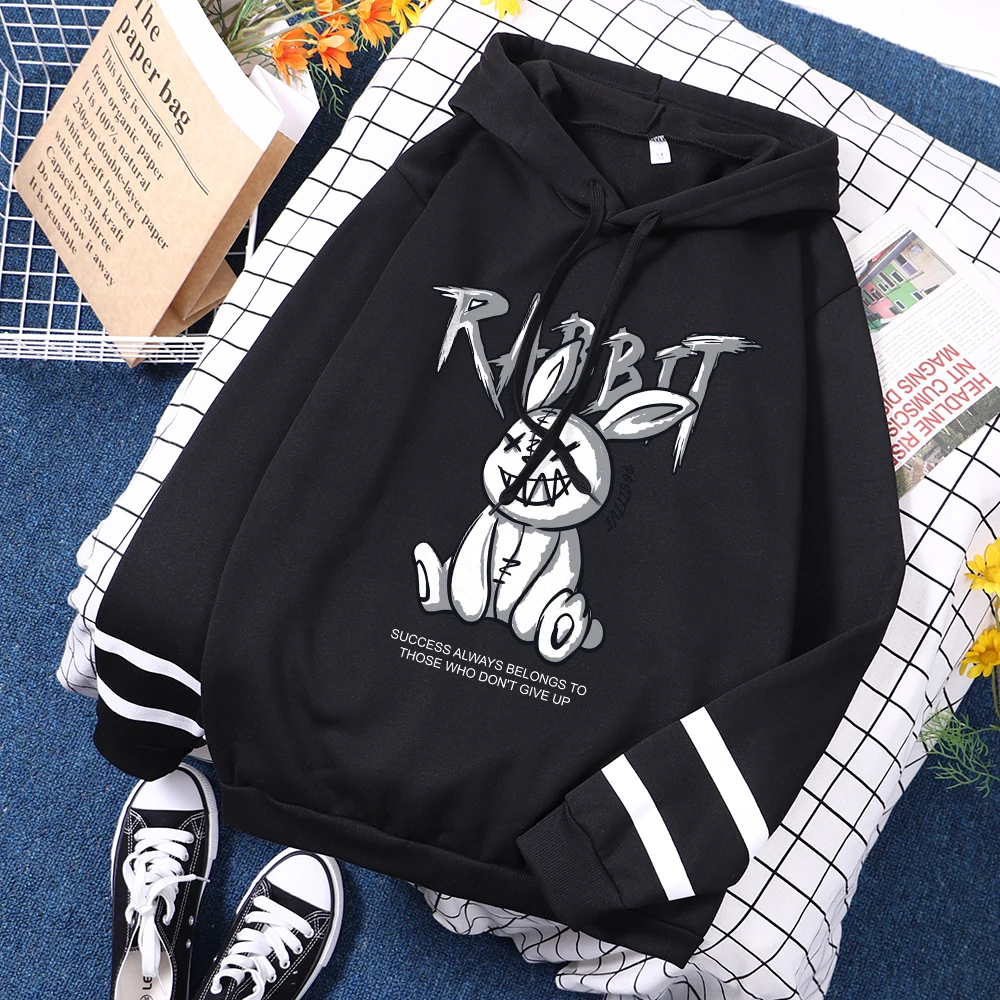 Cute Rabbit Funny Graphic Hoody Women\'s Street Casual Breathable Sweatshirt Autumn Loose Hooded Simple Fleece Pullover Tops