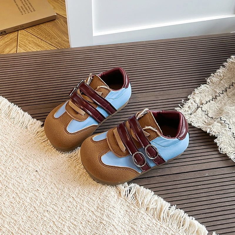 Toddler Retro Color‑Block Shoes, Faux Suede Patchwork Double Hook‑and‑Loop Strap Non‑Slip Soft Flat Casual Walking Shoes