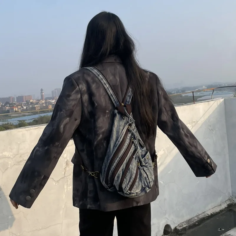 HKSH Crazy Horse Skin Large Capacity Waist Bag Single Shoulder Crossbody Bags Motorcycle Vintage PU Waste Land Chic Tide HK1415