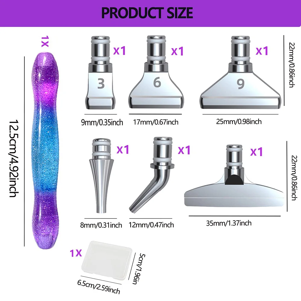 Glitter Resin Diamond Painting Pen Kit with 6 Push-in Metal Drill Tip, Replacement Point Heads & Storage Box for DIY Diamond Art
