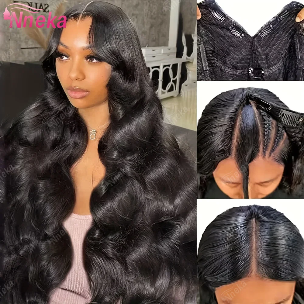 

Brazilian Human Hair Body Wave V Part Wigs 200% Density Natural Black Bouncy Wave Upgrade U Part Wear Go Glueless Half Wigs