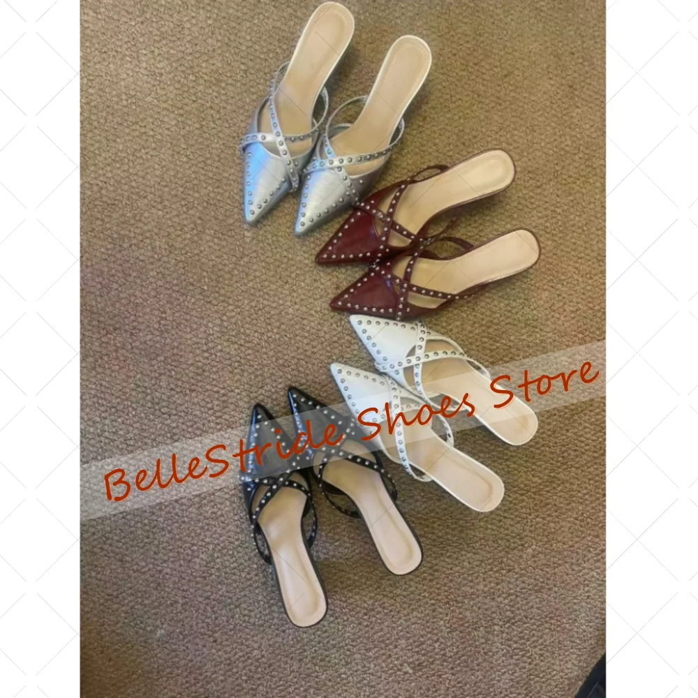 شباشب بمسامير مستديرة بحزام متقاطع فضي بمقدمة مدببة أحذية نسائية بكعب عالي مكتنز للحفلات والولائم والمواعدة 2025 Zapatos Para Mujere