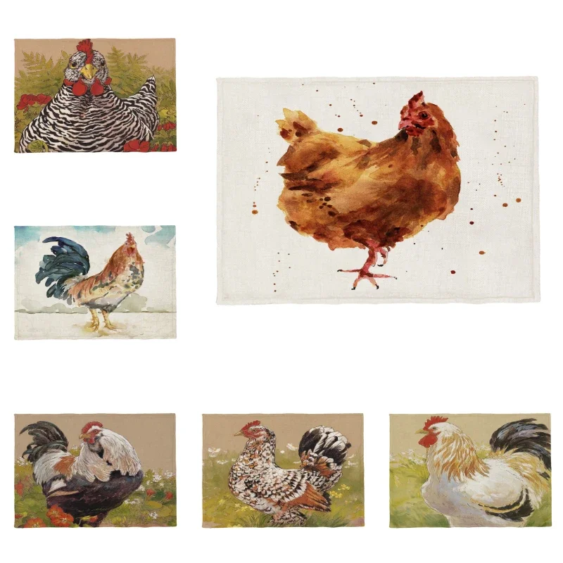 Beautiful Farm Animal Placemat Rooster Hen Turkey Geometric Dining Table Kitchen Napkin Cloth Coaster Polyester Hemp