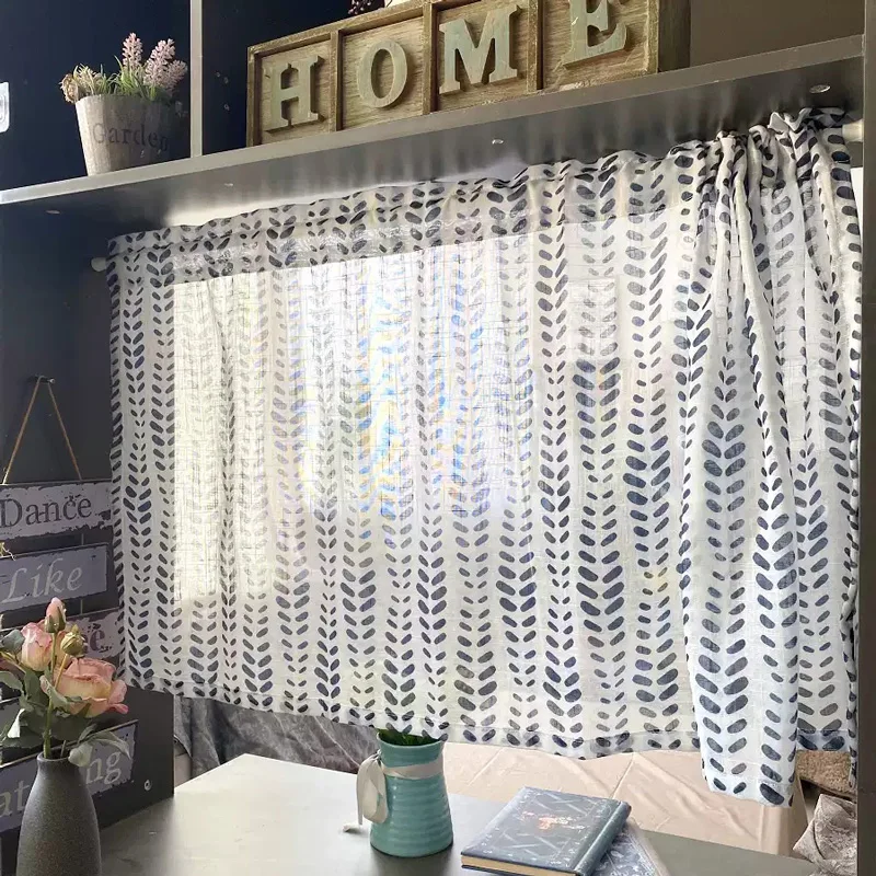 

Japanese Style Window Curtains Semi Sheer Linen Textured Rod Pocket Indigo Blue Short Curtains for Living Room Bedroom & Kitchen