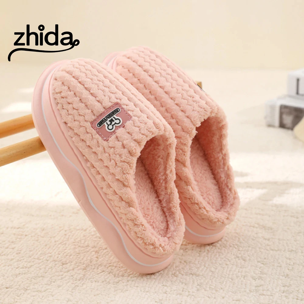 

ZHIDA Plain Striped Design Home Slippers Women Winter Soft Sole Anti Slip Cotton Shoes Woman Indoor Warm Soft Plush Slippers