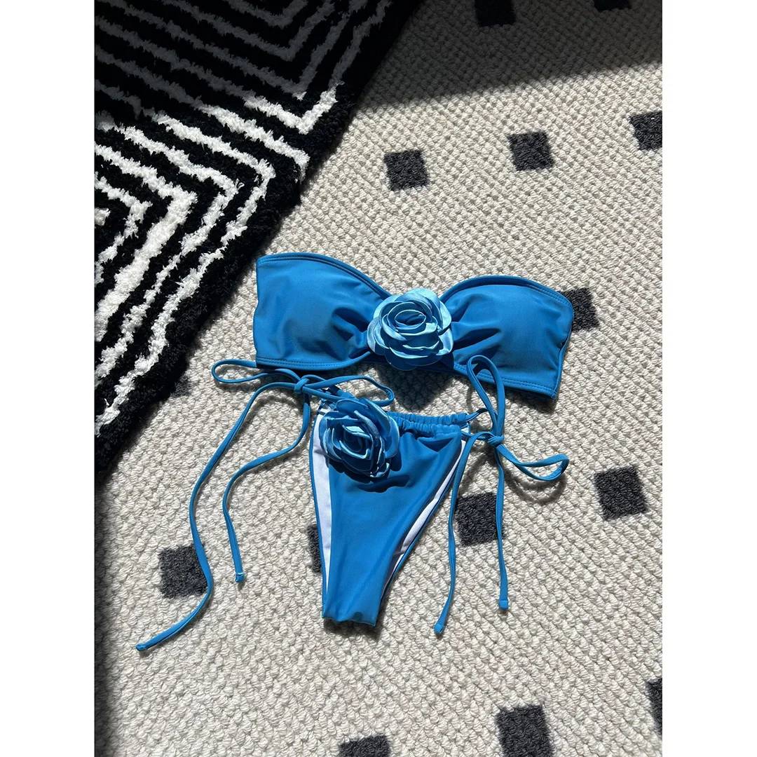 14 Farben, 3D-Blumen, Bandeau-Bikini mit hohem Beinausschnitt, Damen-Badeanzug, zweiteiliges Bikini-Set, Badebekleidung, Badeanzug, Modell V5265. – Detail 40