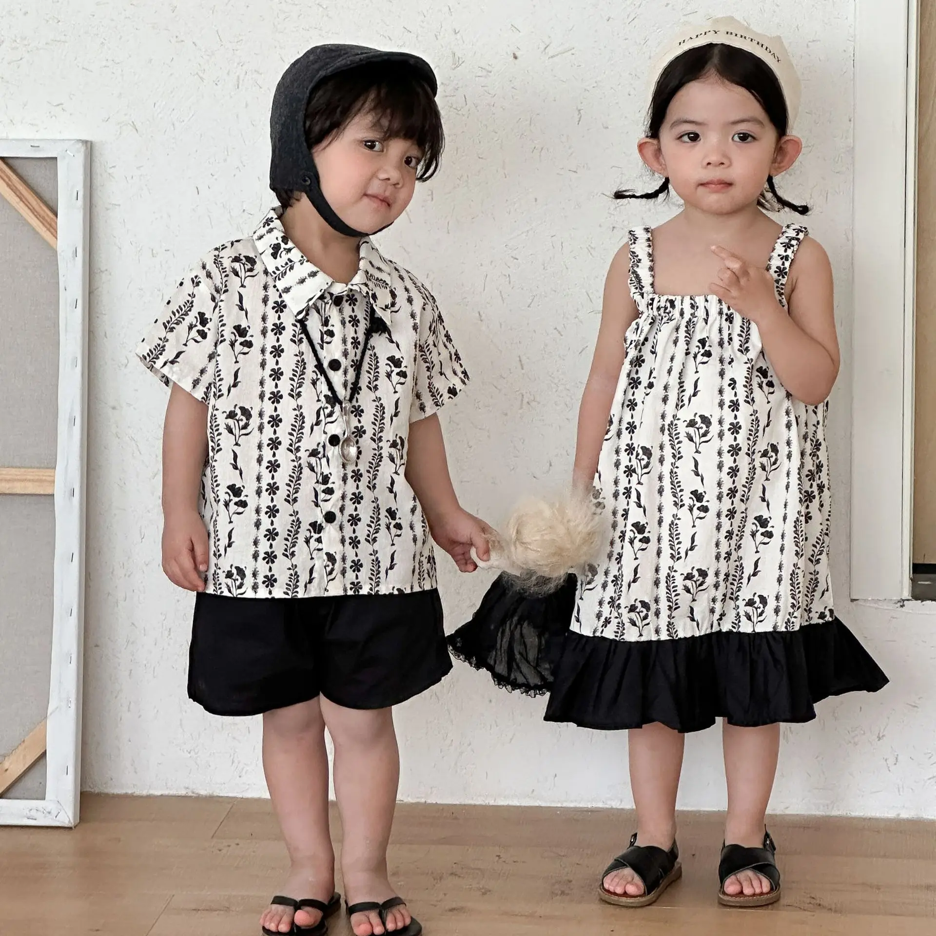 

Летний комплект RAISE для детей: футболки-поло с цветочным принтом и шорты для мальчиков, тонкое муслиновое платье для девочек, 2-10 лет