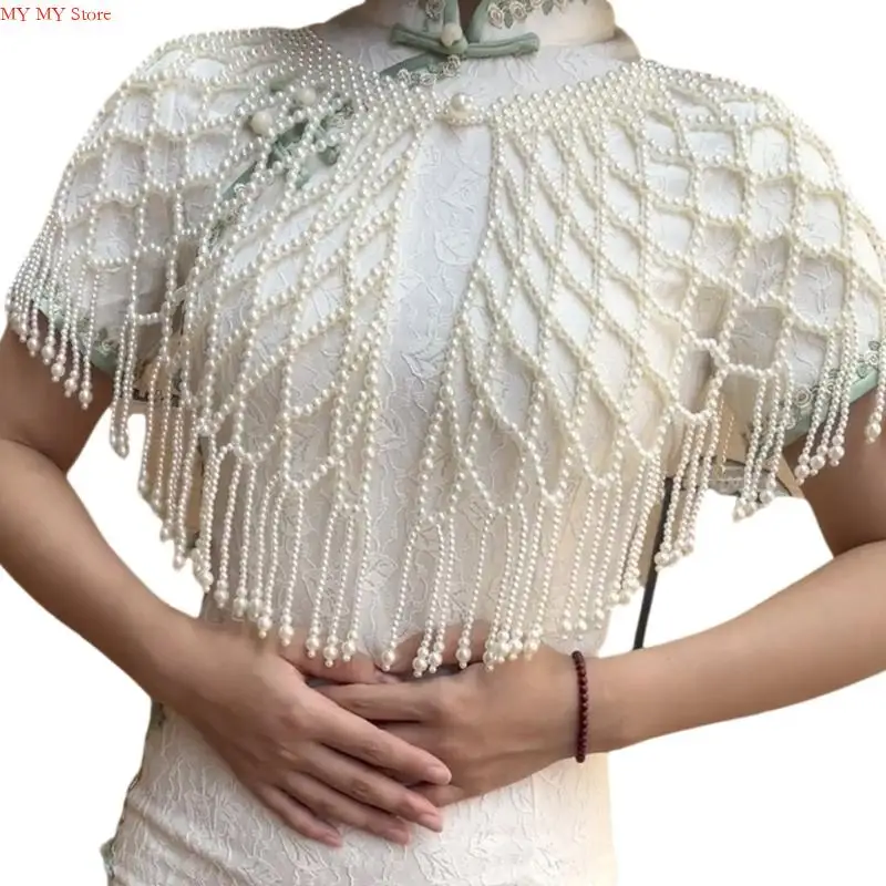 

Delicate Crochet Pearls Shoulder Wrap Lightweight Breathable Shawl For Dresses Evening Gown Occasion