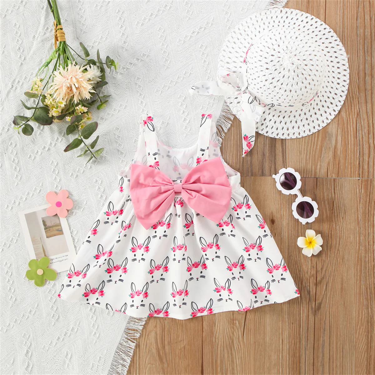 2Pcs/SetPink rabbit print baby girl suspender dress summer bow baby girl dress comfortable outdoor party girl sleeveless+hat