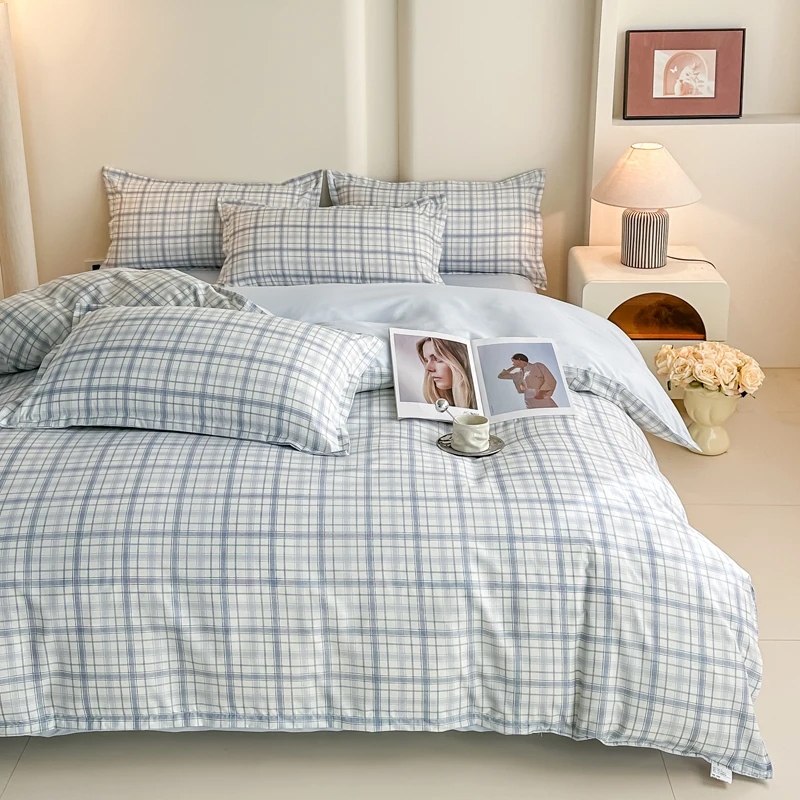 4PCS Light Blue Plaid Bedding Set Fresh Checkered Duvet Cover Set with Pillowcases Soft Breathable Bed Linen for All Seasons