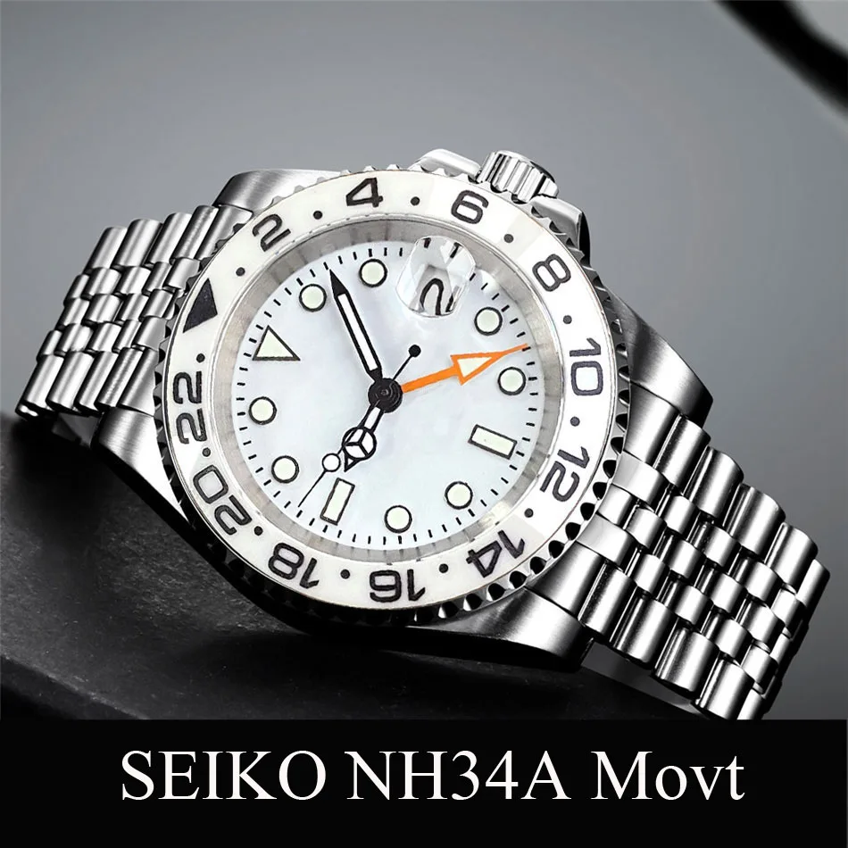 NH34A GMT Mechanical Watch for Men 200m Waterproof Divers Greenwich Steel White Wristwatch 904L Jubilee Bracelet 120Click Clock