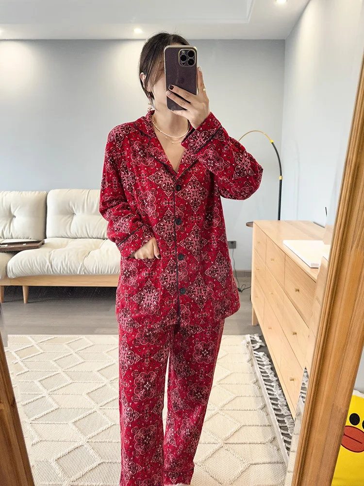 Damen Niedlicher Cartoon-Druck 100% Baumwolle Gebürstetes Pyjama-Set Frühling Herbst Langarm-Oberteil Lange Hose 2-teilig Loungewear Homewear – Detail 39