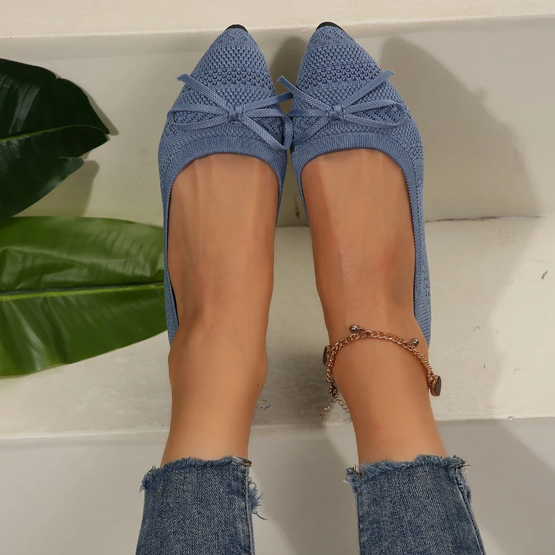 Pointed bow flying flat shoes women's 2025 new summer casual bean shoes knitted soft sole knitted women's shoes large size 43