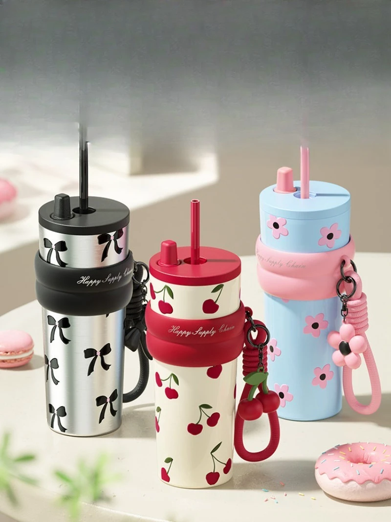 Straw thermos cup 2026 new women's high-value ceramic liner cold water cup portable coffee cup