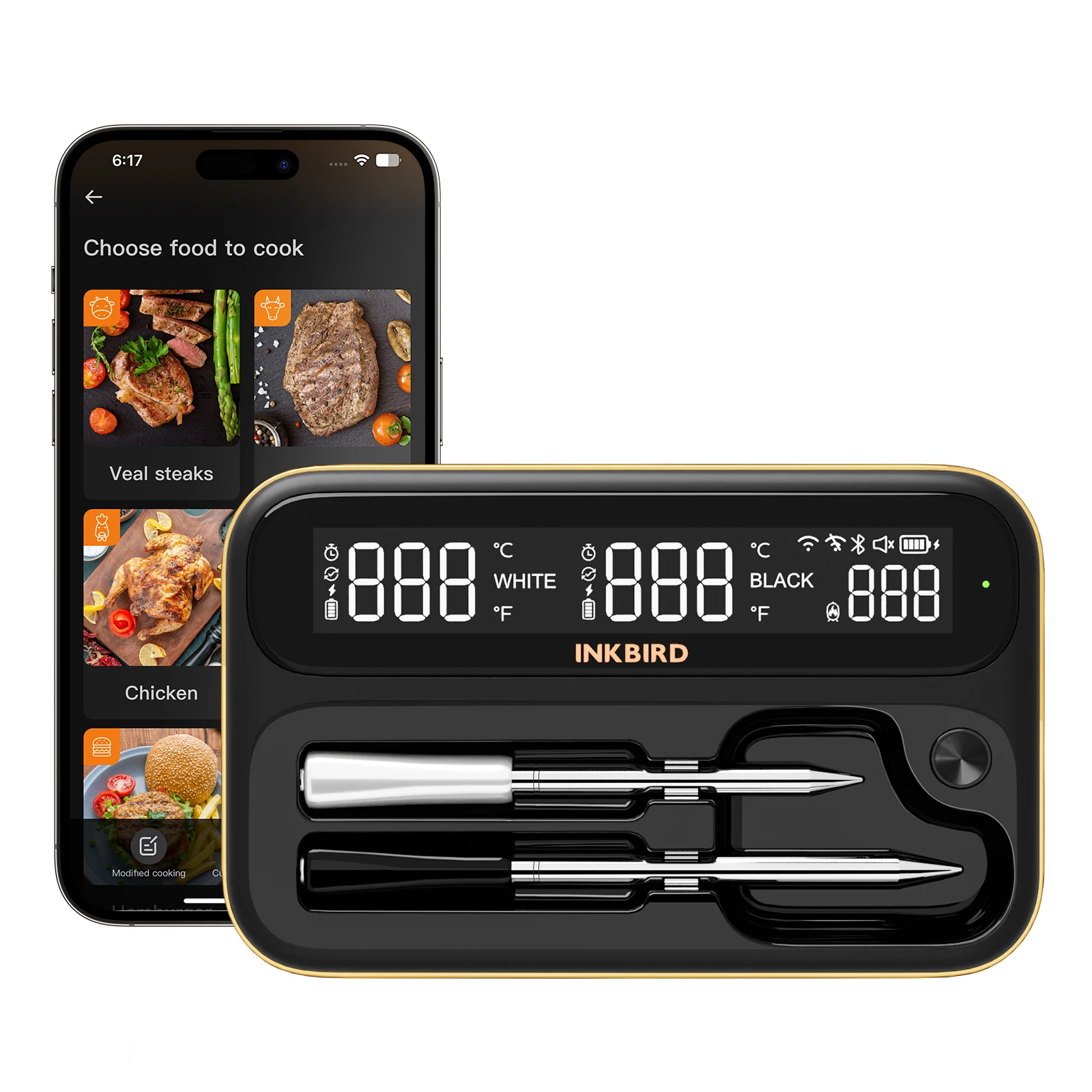 INKBIRD podwójny tryb bezprzewodowy termometr do mięsa, długa krótka sonda Combo, podświetlany HD LCD, IP67 wodoodporny i alarm do gotowania grillowania