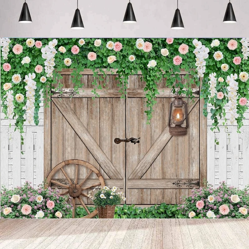 

Rustic Barn Door Photography Backdrop Flower Garage Door Decor Vintage Floral Blossom Green Leaves Garden Background Wall Poster