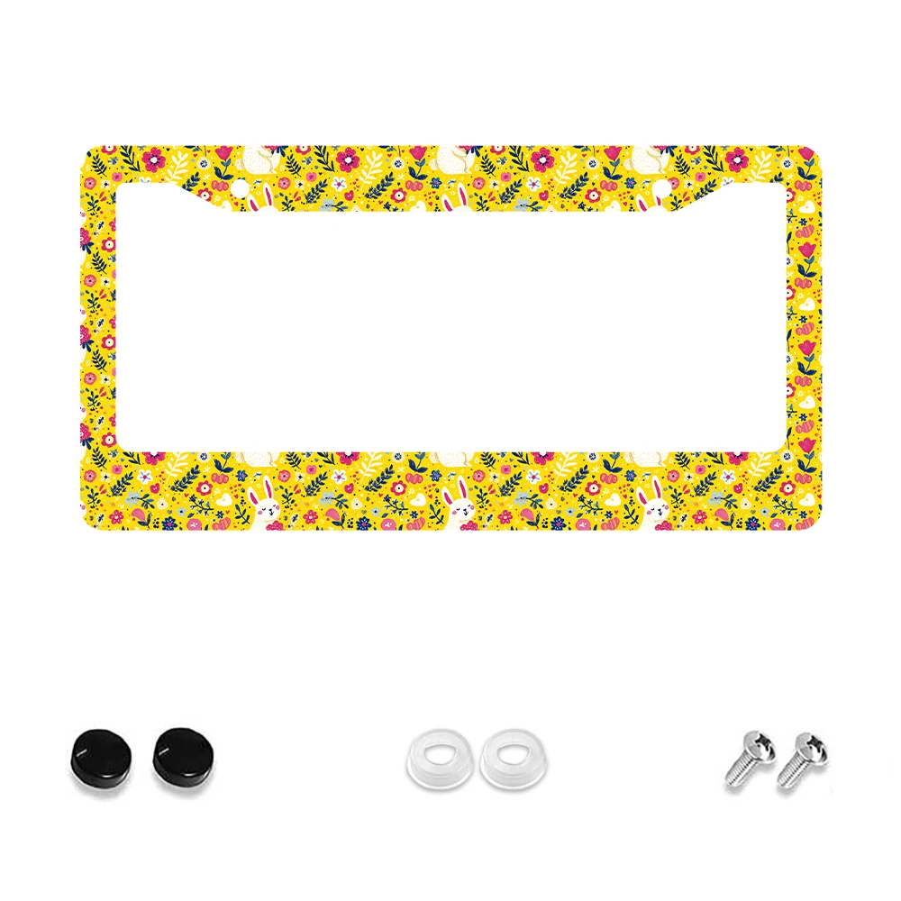 

1 шт. желтая рамка номерного знака с 2 отверстиями и кроликом и цветочным узором, алюминиевый материал, 12x6 дюймов, включает комплект винтов, Fun Ca