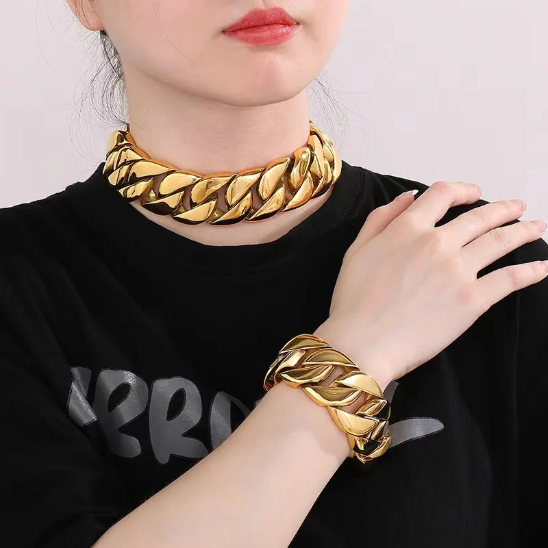 31MM Heavy Punk Gold Color Curb Cuban Chain Necklace Bracelet Men Women Hiphop Black Stainless Steel Biker Bike Choker Jewelry