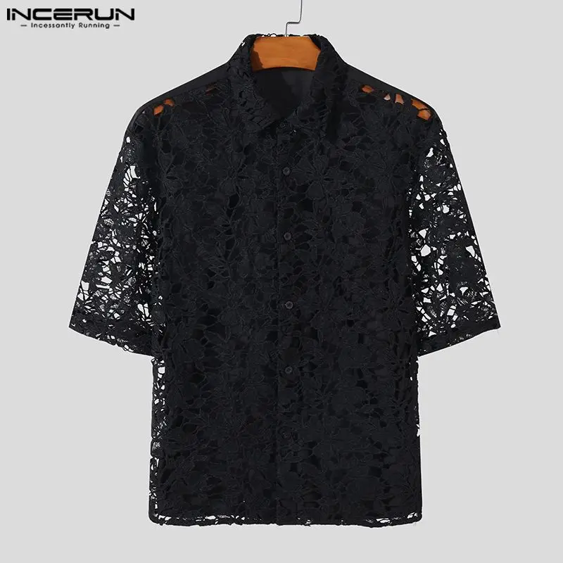 INCERUN Tops 2024 Korean Style Fashion Mens Sexy Flower Perspective Lace Shirts Male Streetwear Short Sleeved Lapel Blouse S-5XL