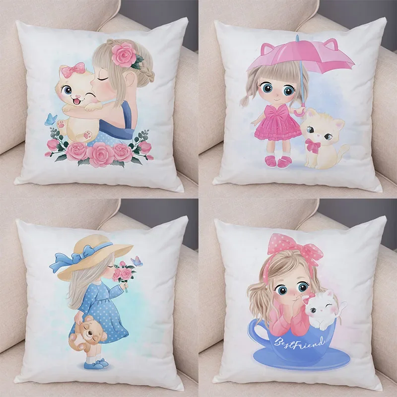 Children's Room Sofa Home Pillowcase Cute cartoon girl and cat pillowcase decoration cute Princess home  Cushion cover