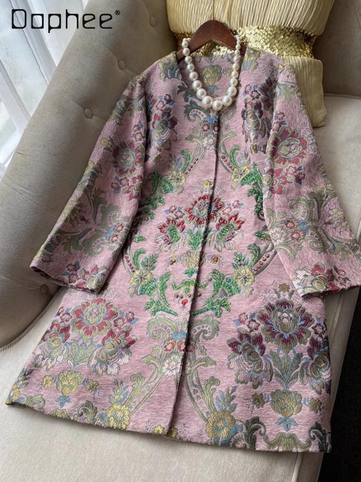 

New Chinese Style High-end Heavy Embroidery Corduroy Trench Coat for Women Winter New Elegant Socialite Pink Mid-length Coat