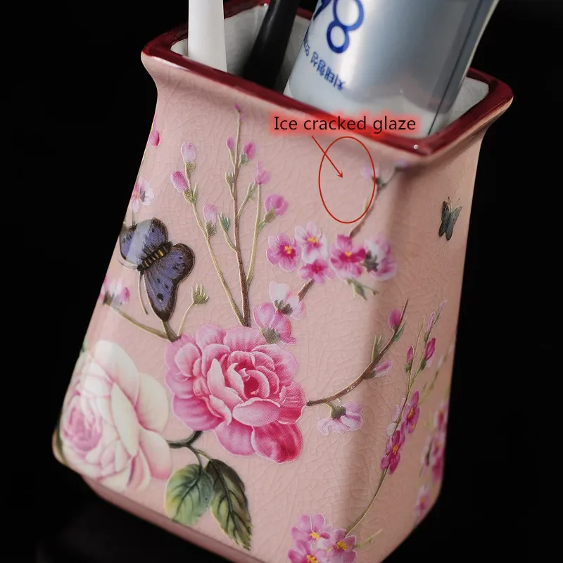 【Premium】Pink Rose Pattern Bathroom Accessories Set Ceramic Toothbrush Holder Soap Dispenser Soap Dish Bathroom Cup Wedding Gift
