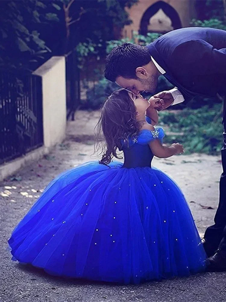 

Royal Blue Flower Girls Dresses Off The Shoulder Beaded Cinderella Formal Wear Kids Floor Length Princess Pageant Gowns