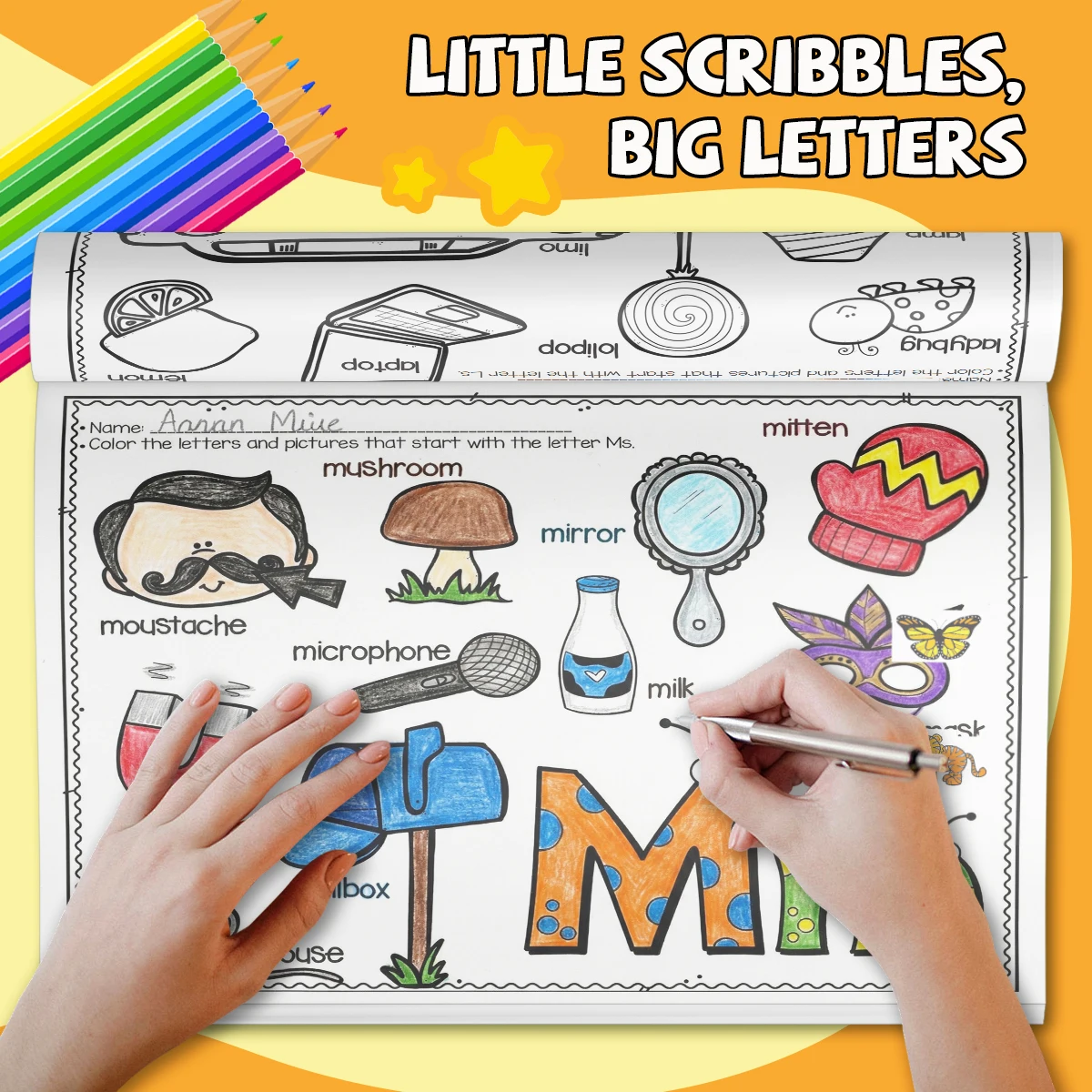 Children's alphabet coloring book, cute cartoon patterns, preschool early education workbook, boost your baby's hands-on skills
